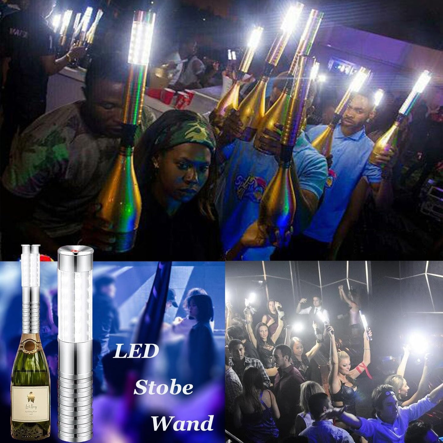 Strobe Baton Light,Stage Handheld Light,Champagne Bottle Sparklers, Recharge led Bottle Service Lights - for Bar Club Birthday Weddings Parties (Sliver 2 PC)