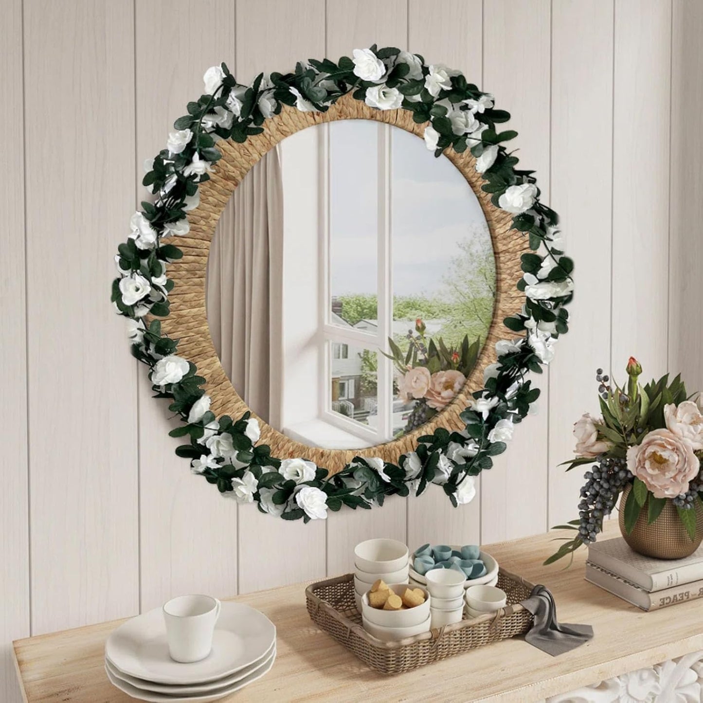 16Pcs 126Ft White Rose Garland, Fake Rose Hanging Flowers, Artificial Flower Vine, Hanging Floral Vine Garland for Wedding, Birthday Party, Wall Arch, Halloween, Christmas Garden Backdrop Decor