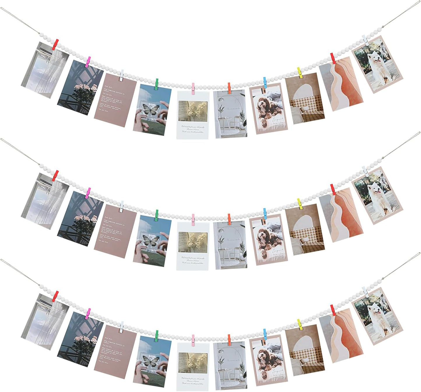 Hanging Photo Display with Clips, Boho Wooden Bead Garland Collage Picture Frame Wall Decor, Photo String with 10 Different Random Colors Wood Clips for Bedroom Room Decor, Christmas Teen Girls Gifts