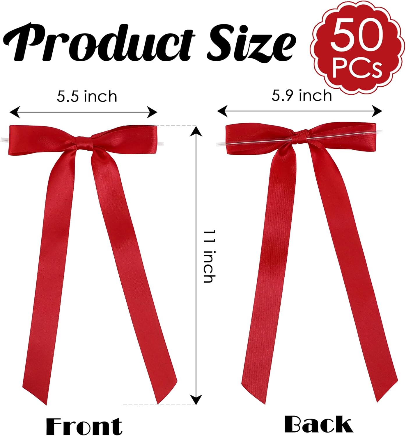 50 PCs Red Bow Decor 5.5'' Satin Bows with Long Tail, Twist Tie Bows for Craft, Packaging Ribbon Bows, Premade Bows for Cake Decorating, Gift Bows for Treat, Wedding Favor, Party