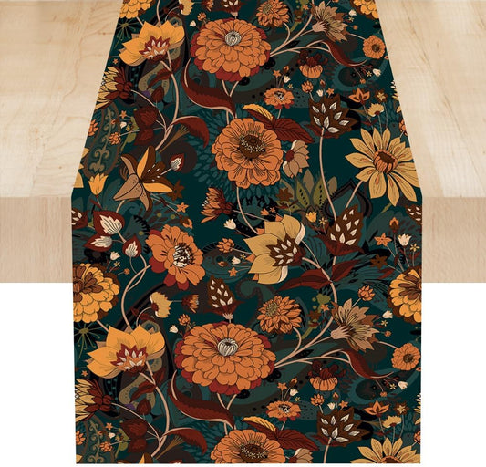 Orange Boho Floral Table Runner, Vintage Bohemian Home Kitchen Table Decoration for Birthday Party Picnic Decoration 13x36 Inch 1PCS