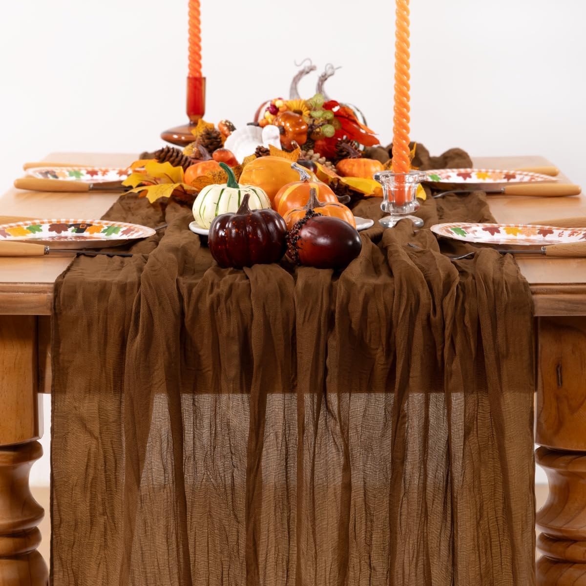 Brown Cheesecloth Table Runner Tan 4 Pack Fall Table Runners Boho Gauze 120 Inches Marron Cheese Cloth Fall Table Decorations for Thanksgiving Wedding Bridal Baby Shower Tea Party Decor