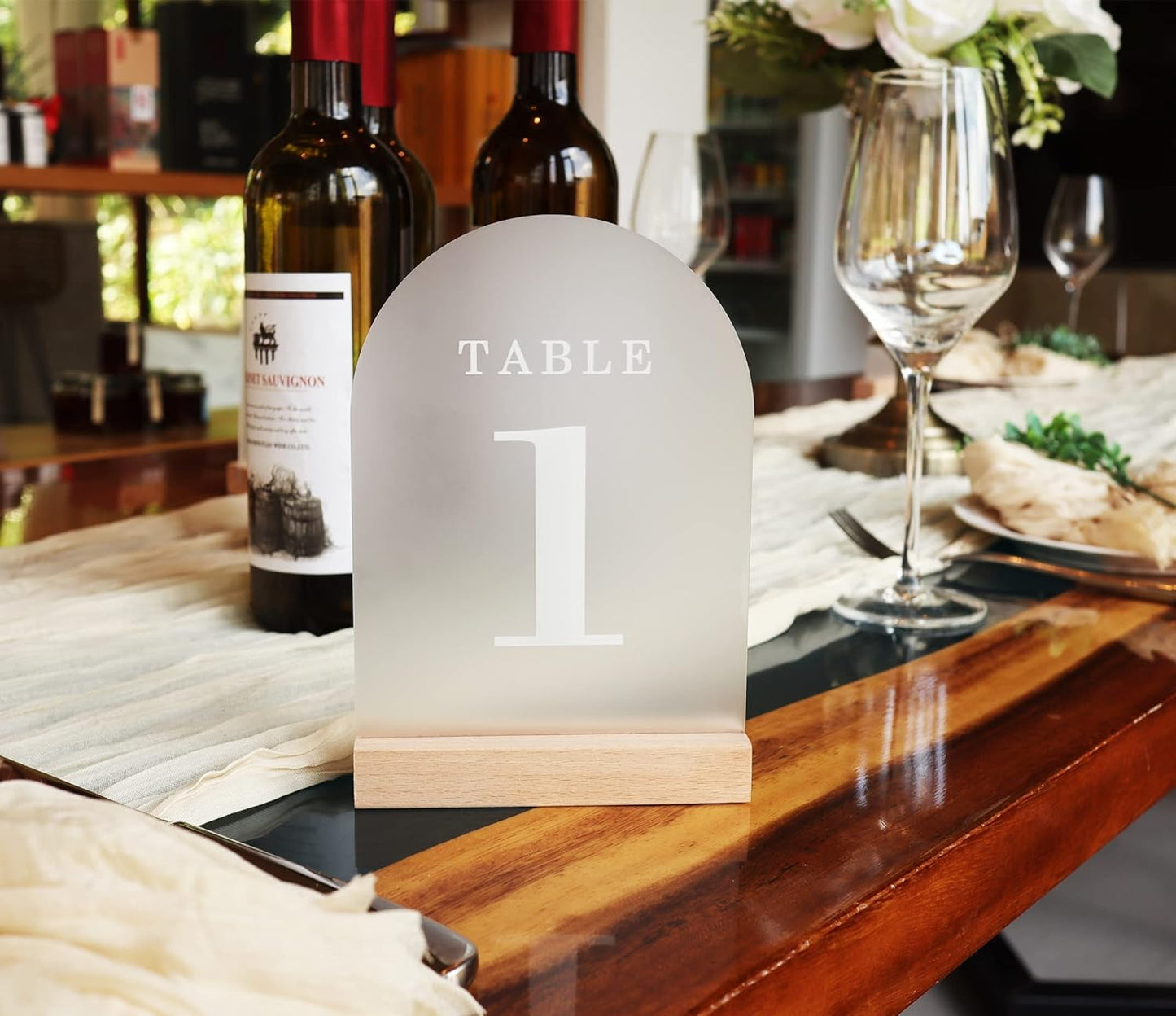 Wedding Table Numbers 1-15, Acrylic Arch Signs with Natural Wood Stands Holders, Rustic Table Decor for Reception & Parties (Frosted White)