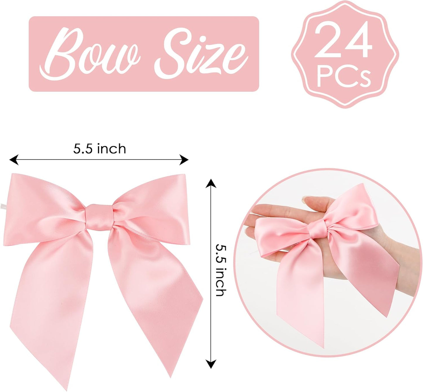 AIMUDI Baby Pink Satin Bows 5.5" Bows for Gift Wrapping Satin Twist Tie Bows Premade Ribbon Bows for Treat Bags Invitations Baskets Crafts Wedding Birthday Baby Shower Easter Decorations, 24 PCs