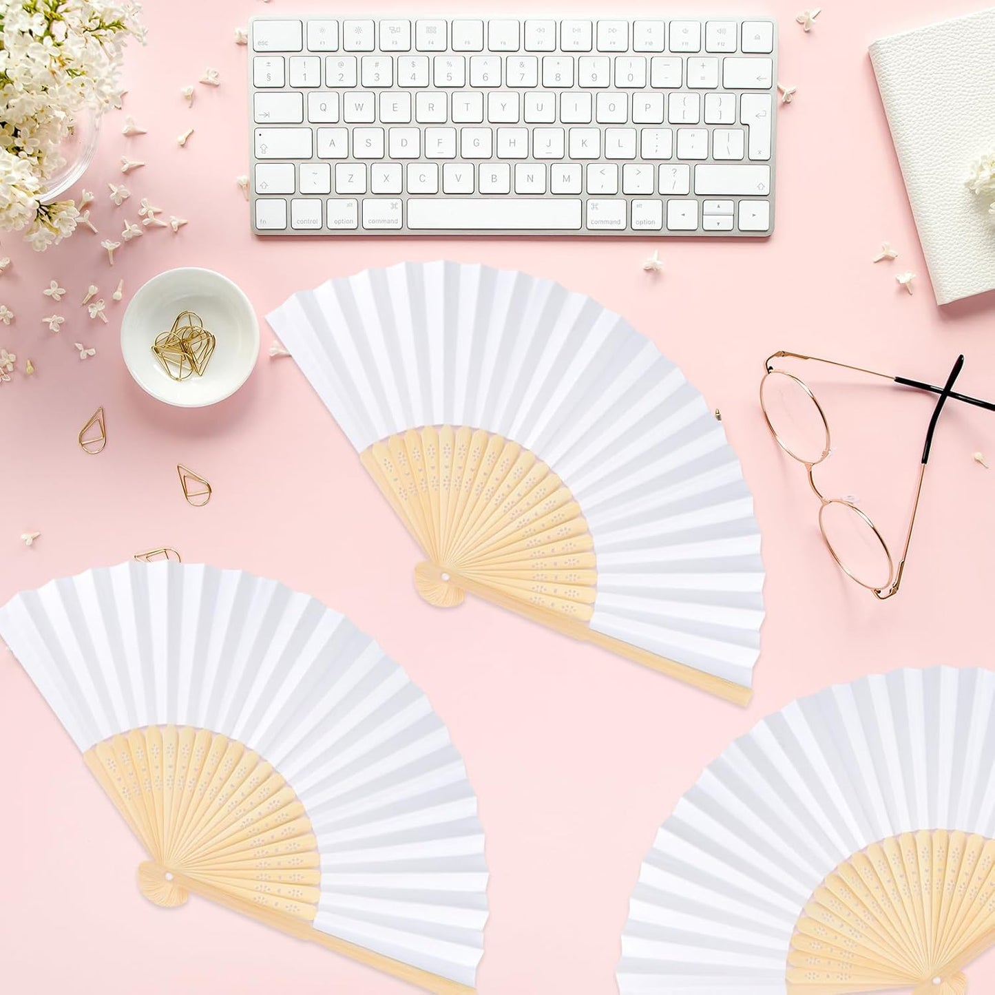 12 Pieces White Hand Held Bamboo Folding Fans Paper Fans Handheld for Women Foldable Girls Wedding Decoration Church Home Party Favors Summer