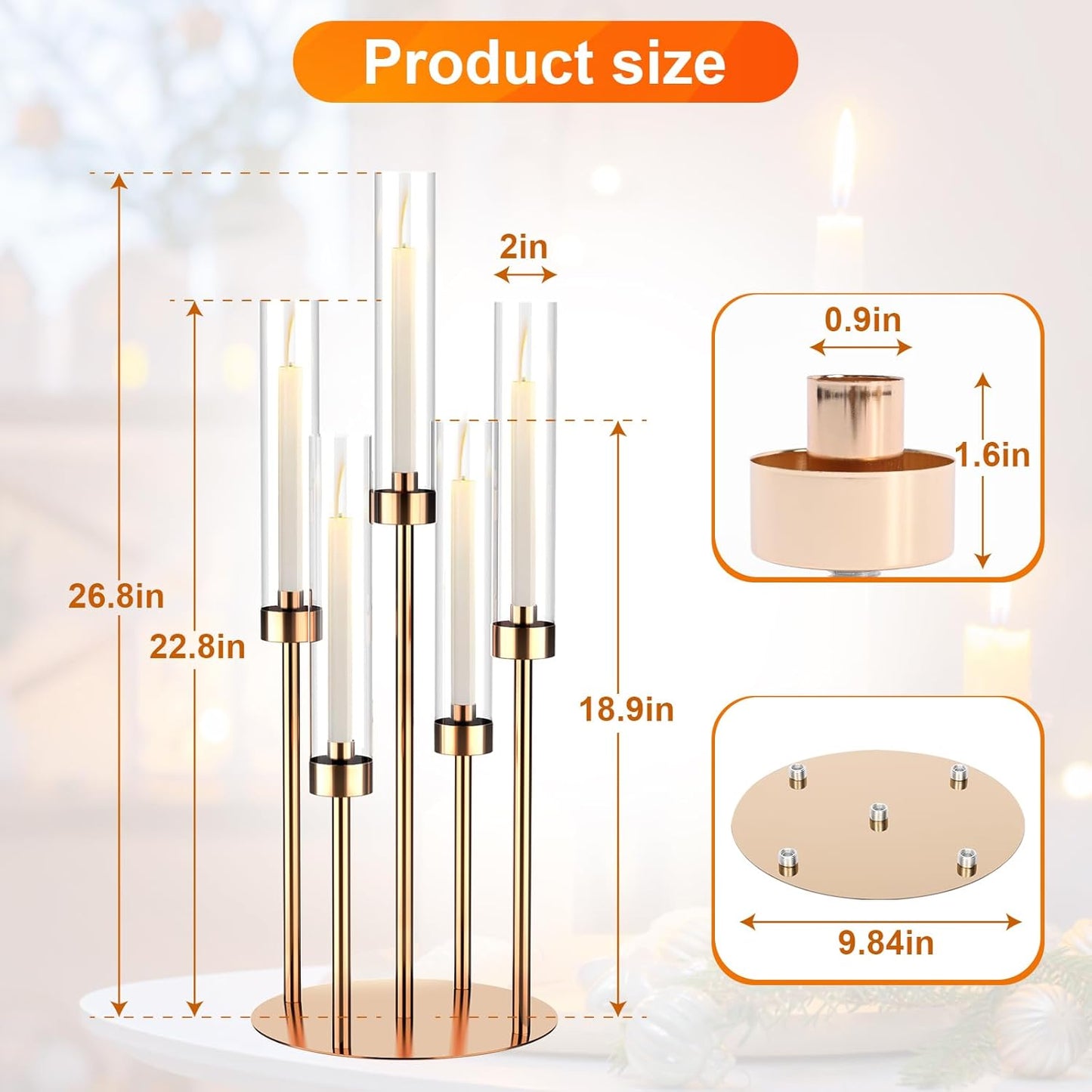 5 Arm Gold Candelabra Centerpieces for Table 4 Set Floor Candelabras Metal Candlestick for LED Candle 26'' Tall Candle Holders with Acrylic Lampshade for Wedding Party Fireplace