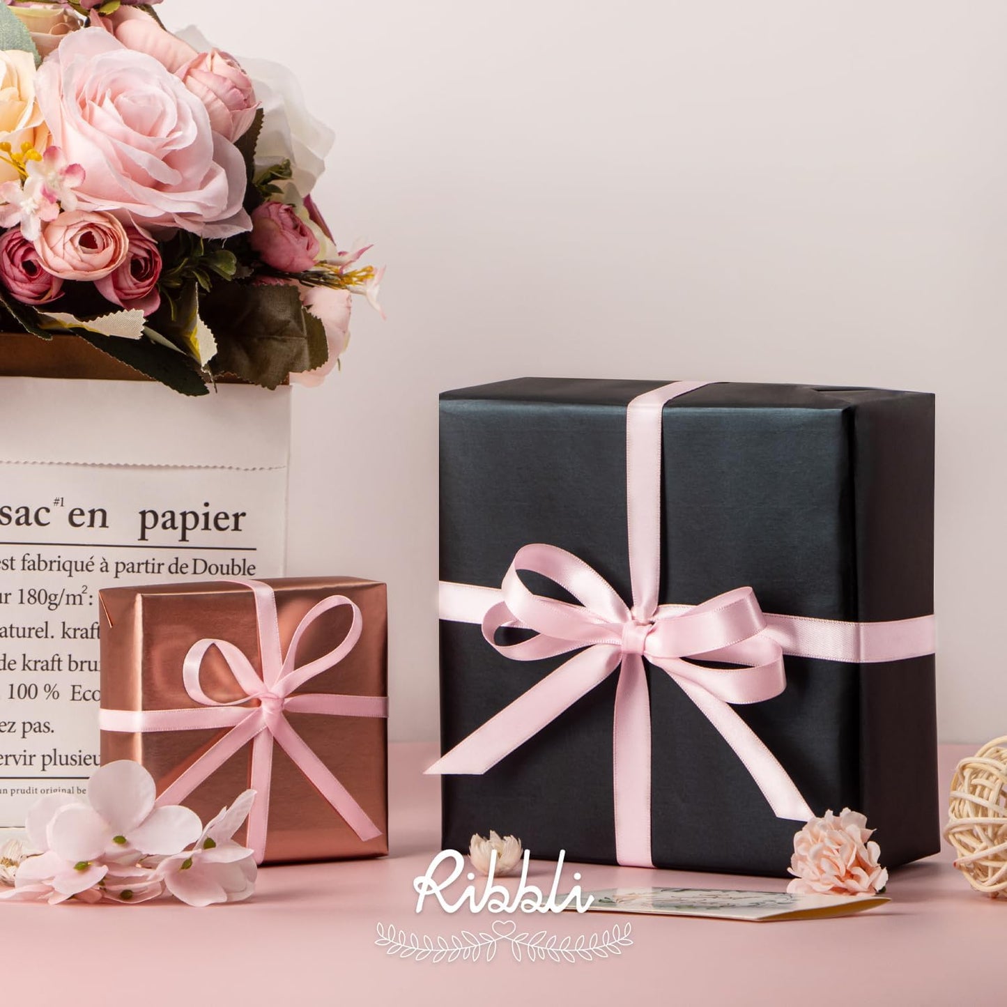 Ribbli Double Faced Light Pink Satin Ribbon,1/2” x Continuous 25 Yards,Use for Bows Bouquet,Gift Wrapping,Baby Shower,Floral Arrangement