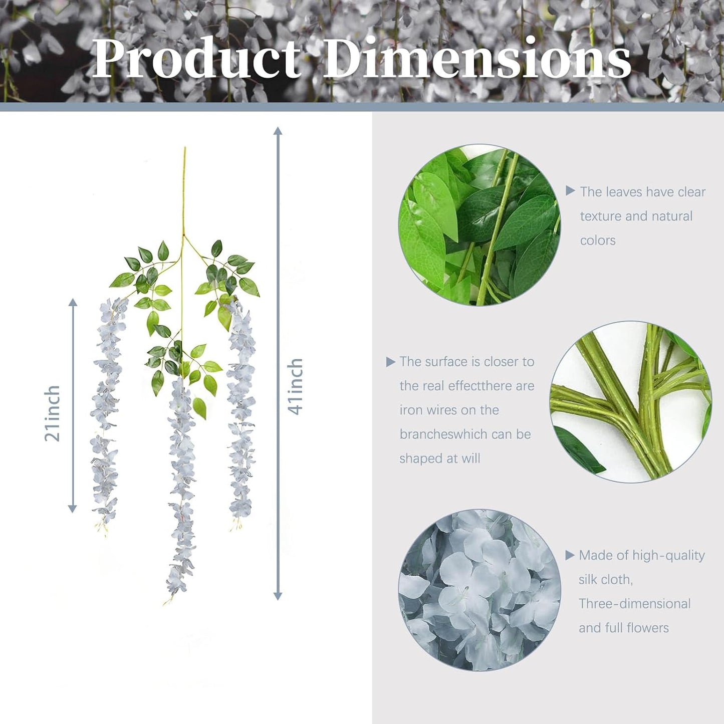 5pcs Grey Artificial Wisteria Garland, 3.77 Ft Hanging Flowers, Irregular Shape, Outdoor Indoor Home Decor, 5 Count