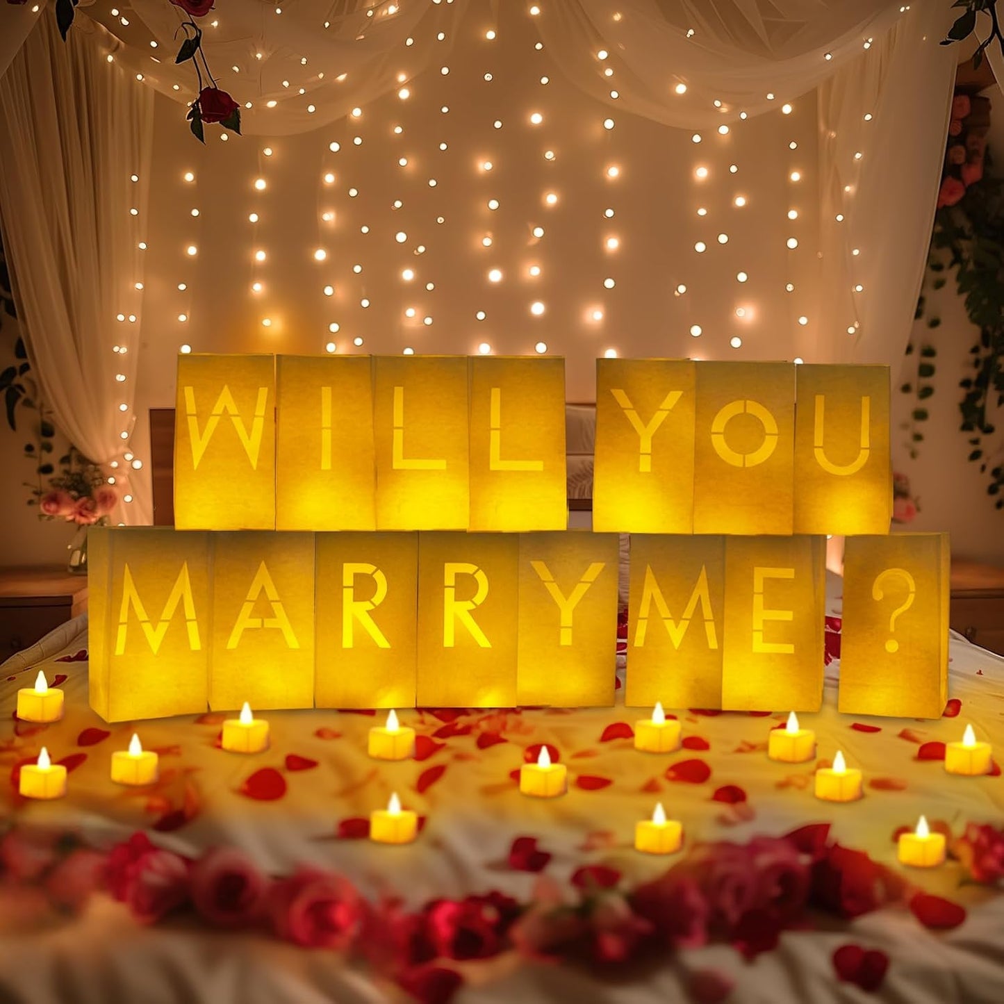Homemory Will You Marry Me Light Up Letters Proposal Decorations with Flameless Candles and Fake Rose Petals, Valentine's Day Luminary Bags Decorations for Wedding Engagement