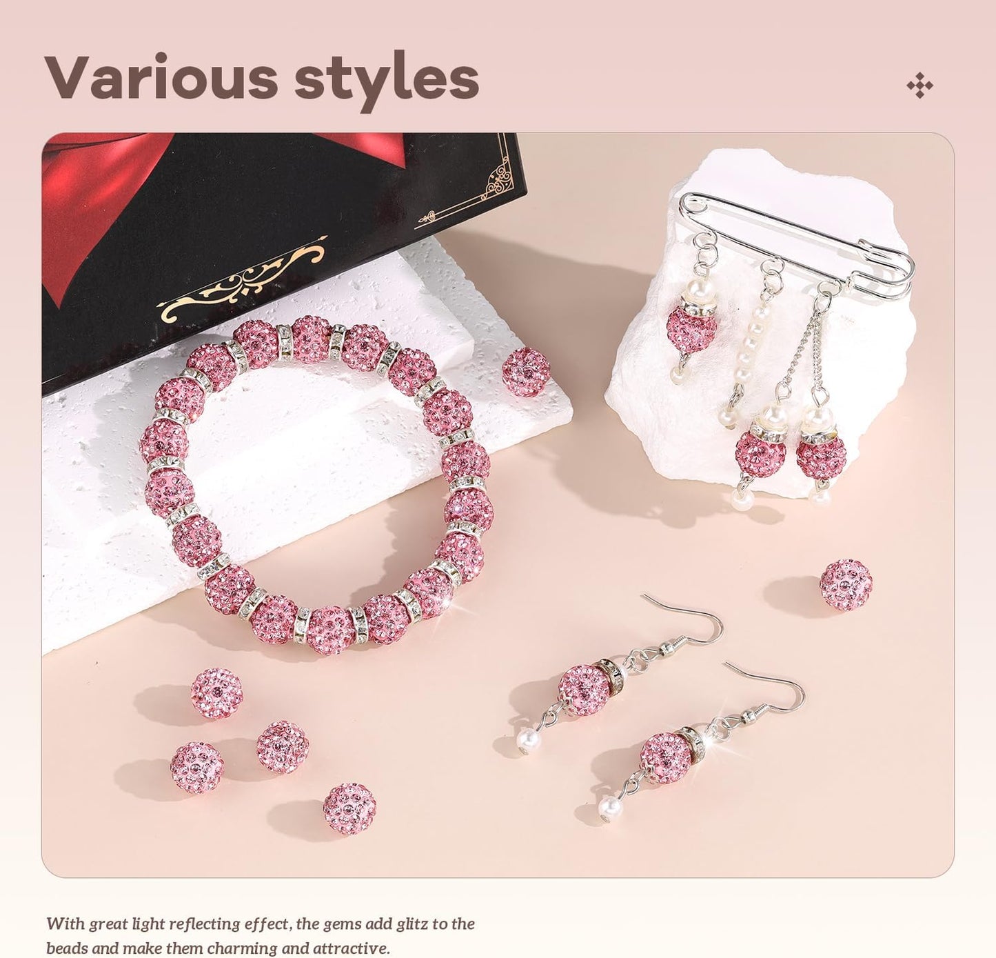 200pcs 10mm Rhinestone Beads for Jewelry Making, Pink Shiny Round Disco Ball Beads Bulk, Sparkle Crystal Clay Christmas for Bracelet Baseball Necklace Earring Crafting and DIY