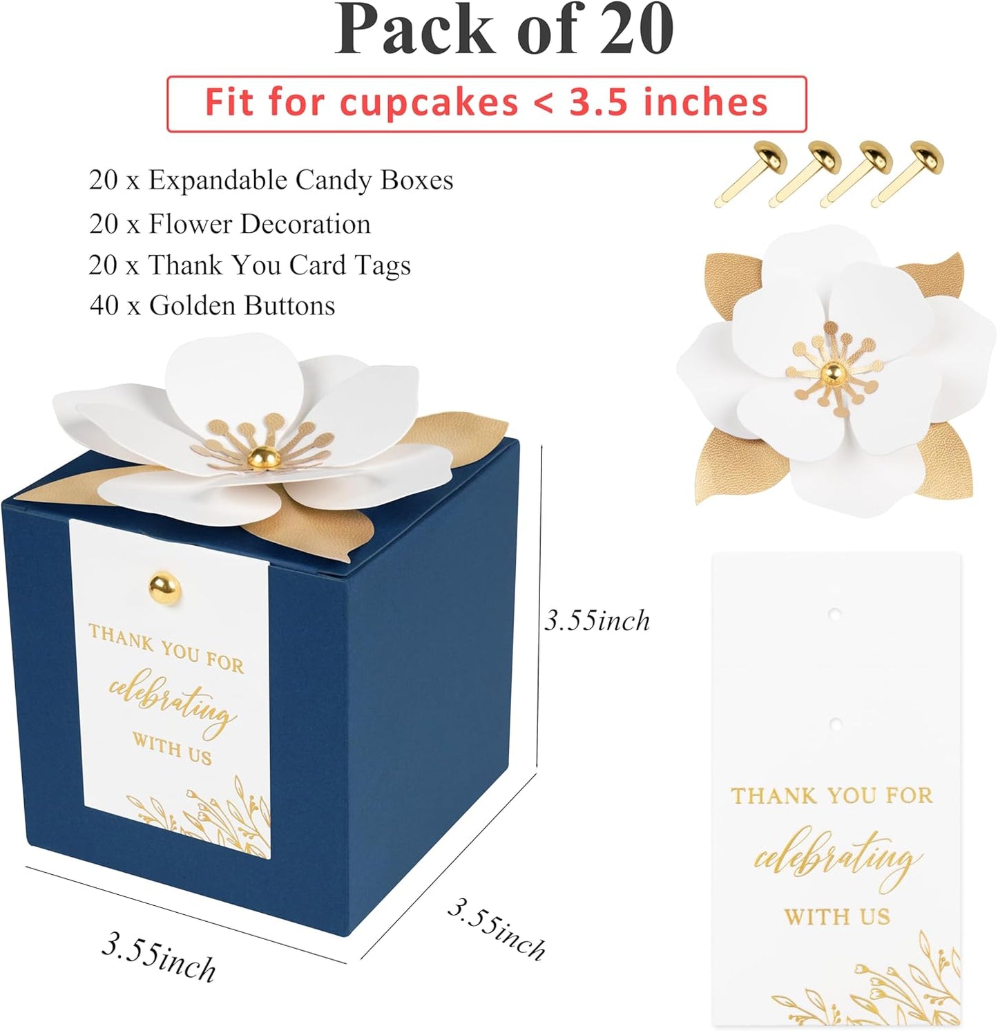 FEIYI 20 PCS Navy Blue Gift Boxes, 3 In 1 Favor Boxes with Floral Decor, White Thank You Tags Cupcake Containers Gift wrapping for Wedding, Baby Shower, Birthday, Decorations Party - 3.55x3.55x3.55