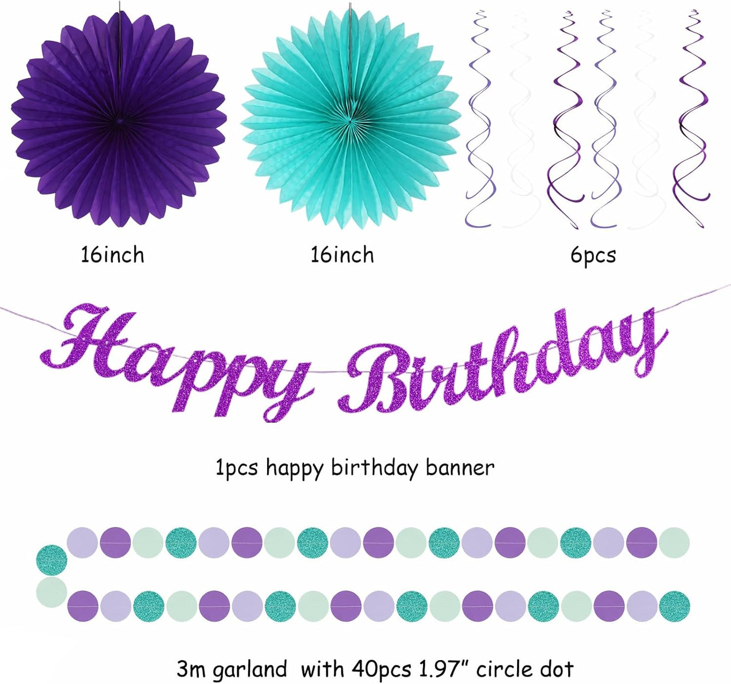 Teal-purple Lavender Girl Mermaid-birthday Party-decorations - 21pcs Happy Banner,Under The Sea Ocean Paper Lanterns Honeycomb Streamers,Tissue Pom Poms Flower Fan,Classroom Hanging Decor Huglony