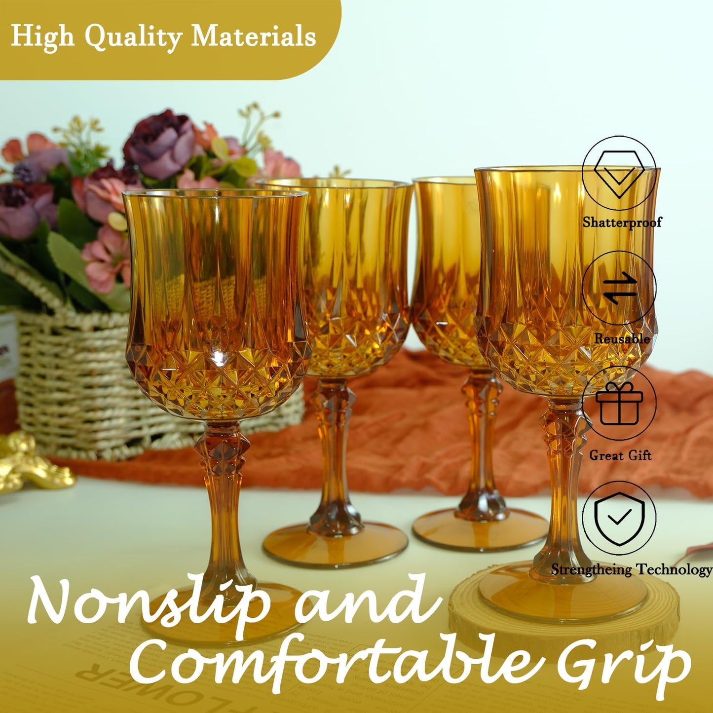 Plastic Wine Glasses，Plastic Goblets Vintage Style Cordial Drinking Glasses for Wedding Reception, Grand Event Party Supplies (48, Amber)