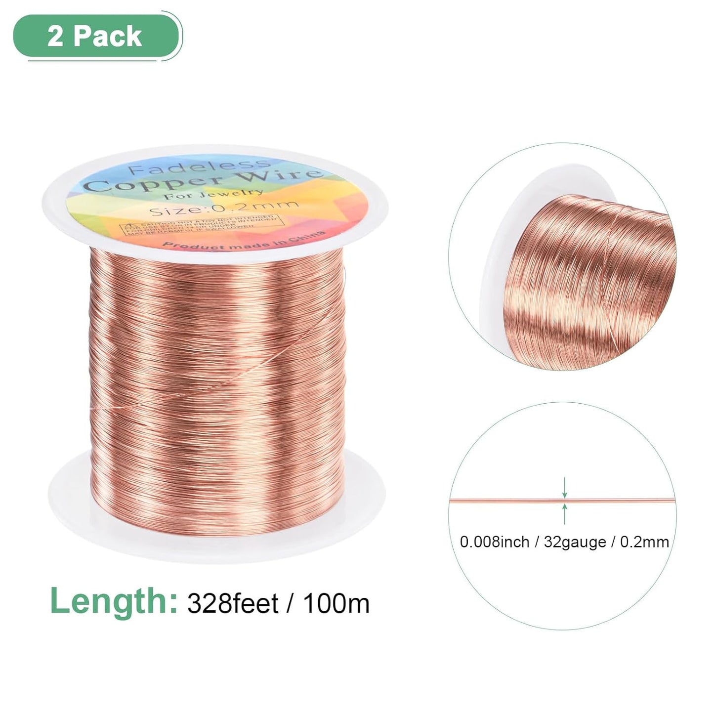 2-Rolls 0.2mm Jewelry Wire, 32 Gauge 328FT Craft Wire Copper Beading Wire for Jewelry Making/Planting/Weaving/DIY Crafting, Soft Metal Wires [100M, Champagne Gold]