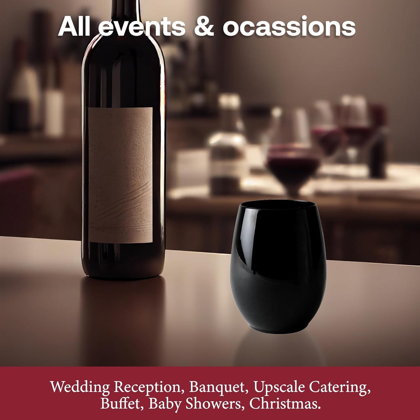 Smarty Had A Party 12 oz Black Disposable Stemless Wine Glasses (64) – Fancy Plastic Cups for Parties & Weddings – Outdoor Cocktail Glasses; Cocktail Glasses Disposable Classy; Unbreakable Glasses