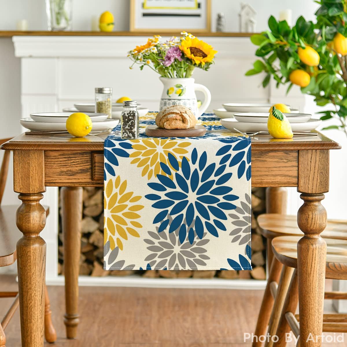 Artoid Mode Blue Dahlia Floral Pinnata Summer Table Runner, Spring Kitchen Dining Table Decoration for Home Party Decor 13x90 Inch