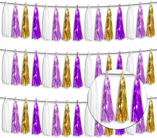 3P Metallic Fringe Tassel Banner Garland Foil Tinsel Streamer Wall Hanging Curtain Backdrop Banner for Parade Floats, Graduation, Carnival Mardi Gras Party Decorations(Gold Purple)