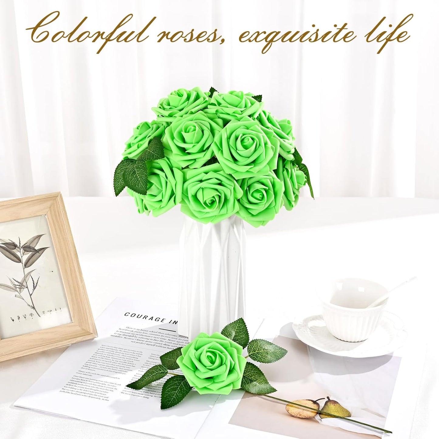 BLEUM CADE 16Pcs Artificial Flowers Fake Roses with Stems, Bright Green Boxed Foam Roses for DIY Bouquets Centerpieces Wedding Party Arrangement Bridal Shower Decor