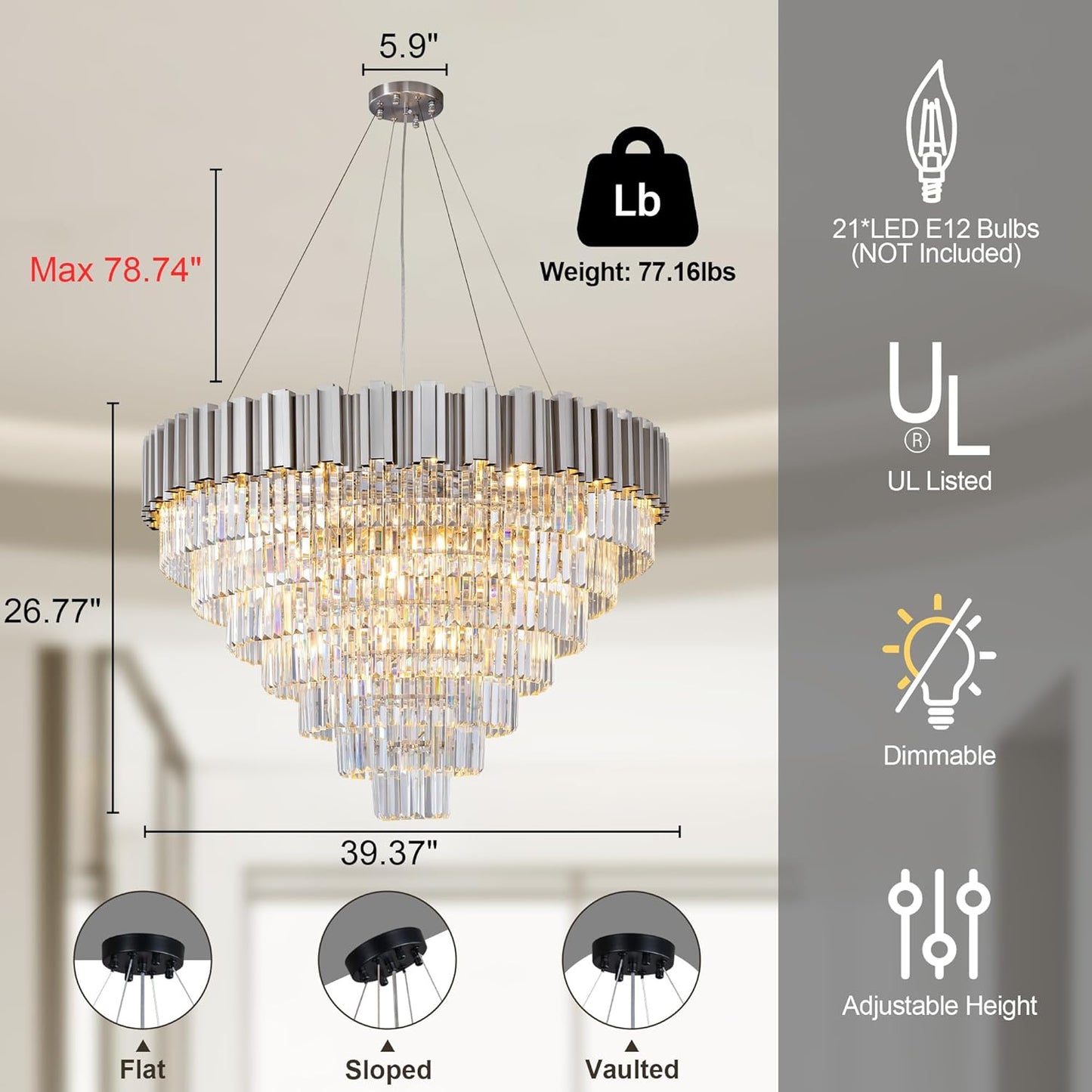 39" Silver Crystal Chandelier, 21-Light Modern Luxury Round Chandelier, 7-Tier Contemporary Tiered Chandeliers Light Fixture for Dining Room, Living Room, Bedroom, Foyer, Entryway, Kitchen