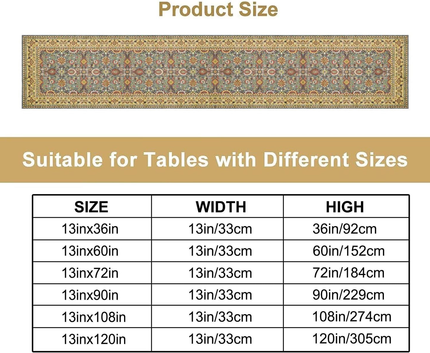 Boho Floral Vintage Beige Blue Table Runner, Retro Flower Rustic Country Farmhouse Abstract Pattern for Home Kitchen Table Decor Dining Coffee Room Party Decor 13x108in