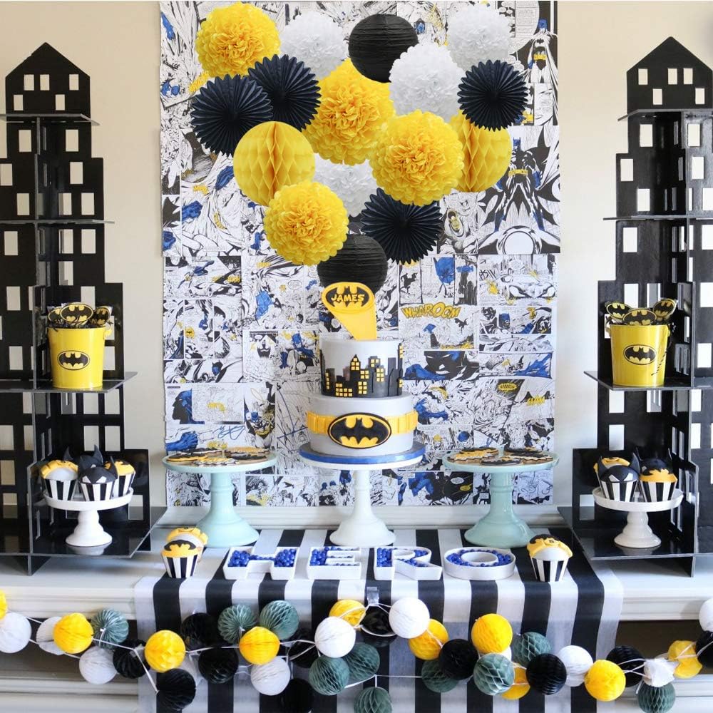 Yellow White Black Party Decorations 16pcs Paper Pom Poms Honeycomb Balls Lanterns Tissue Fans for Bee Day Party Batman Birthday Graduation Baby Shower