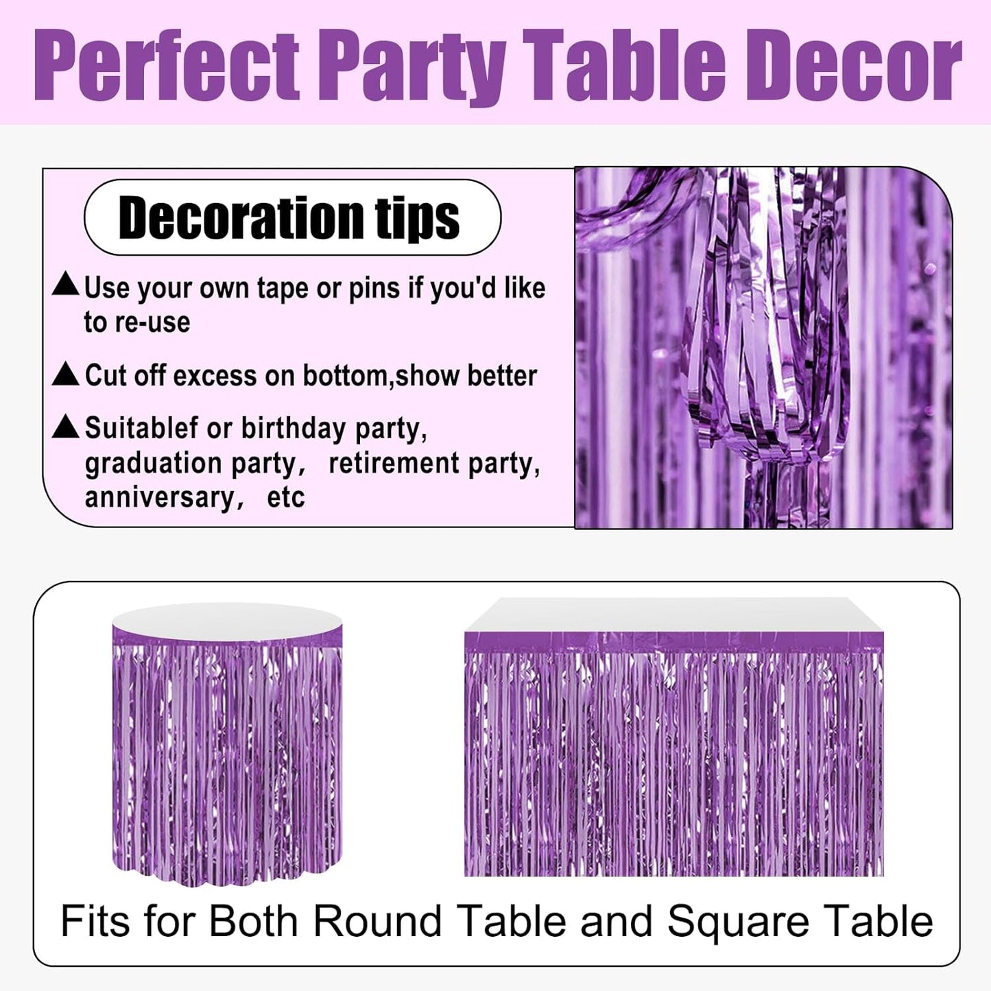 3 Pack 29x108 Inch Light Purple Foil Fringe Table Skirts Metallic Banner for Tinsel Streamer Garland Backdrop for Parade Floats Wedding Thanksgiving Birthday Christmas Halloween Party Decoration