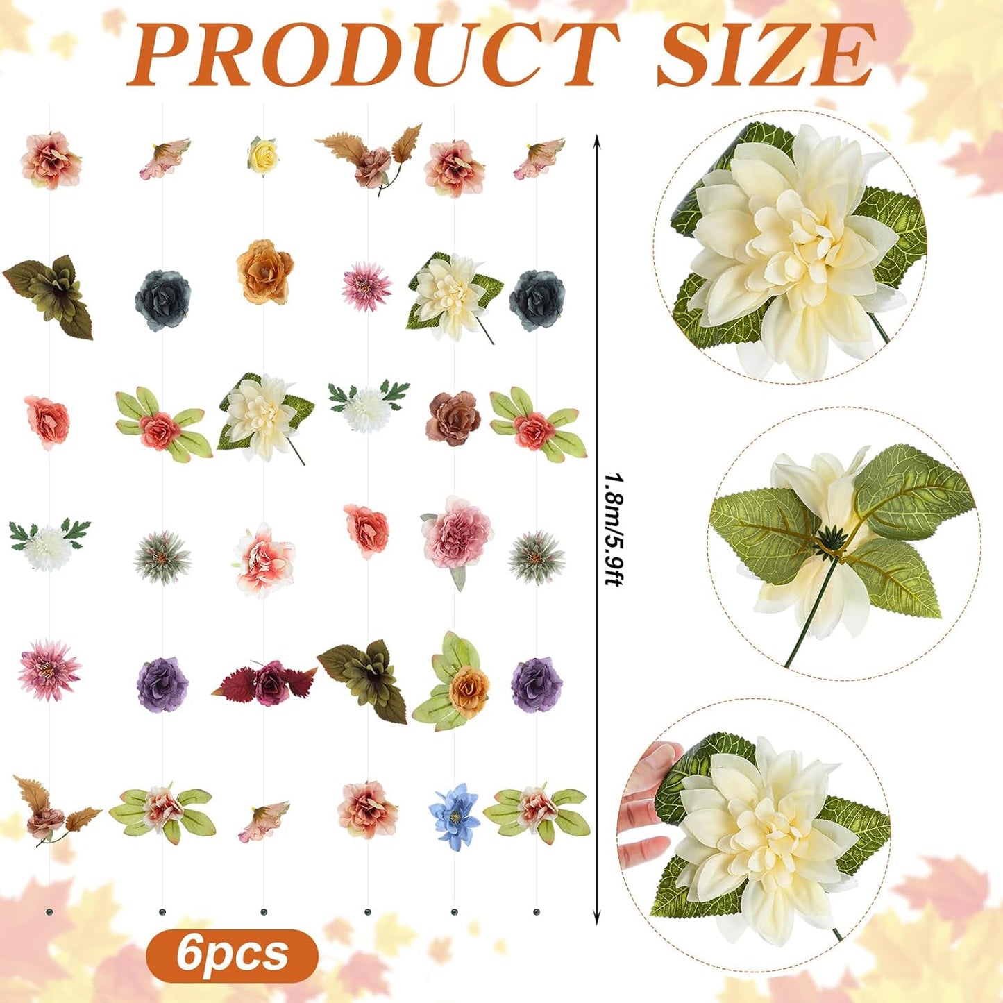 XunYee 6 Pcs 35.4 ft Flower Garlands Hanging Wildflower Backdrop Decoration Artificial Floral Garlands Fake Flower Vines Faux Silk Wildflower Decor for Halloween Fall Wedding Garden Wall Arch(Fall)