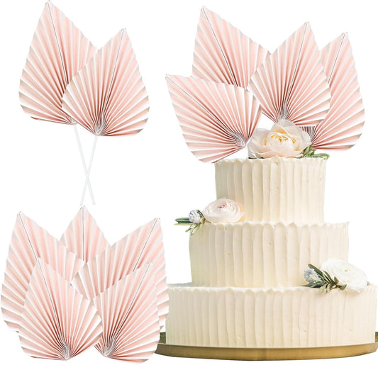 Ephlyn 6Pcs Paper Palm Fan Cake Topper Palm Spear Leaves Fan Cake Pick DIY Insert Cake Decorations for Baby Shower Wedding Bridal Shower Birthday Anniversary Party Supplies Pink