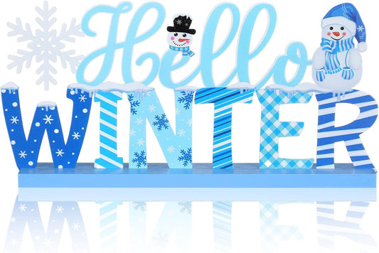 Winter Metal Sign Hello Winter Table Decor Christmas Tiered Tray Decor with Wooden Base Metal Blue and White Snowman Snowflake for Xmas Home Tabletop Centerpiece Mantel Shelf Fireplace