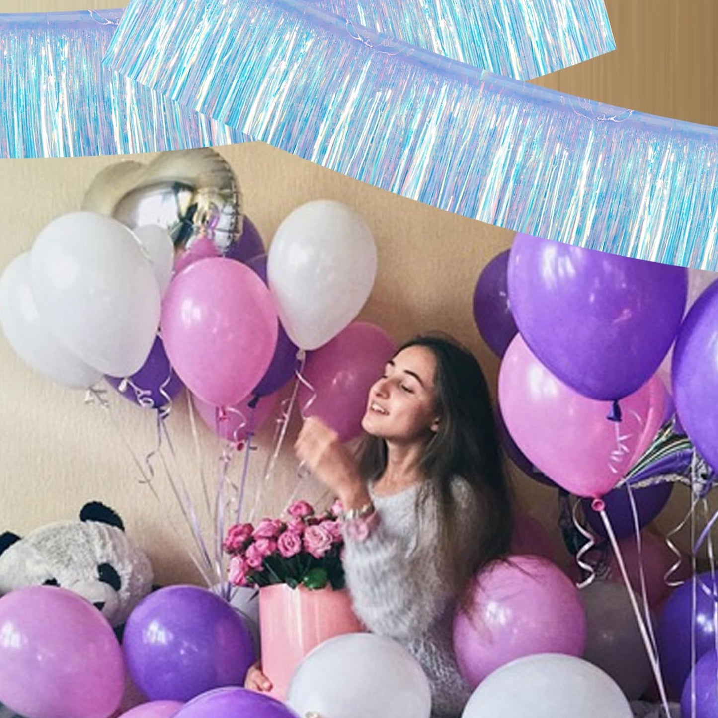 BEISHIDA 3 Packs 30 Feet Metallic Foil Fringe Garland Tinsel Streamers，Iridescent Blue Wall Hanging Tinsel Fringe Banners for Wedding Birthday Party Decoration Halloween Christmas New Year