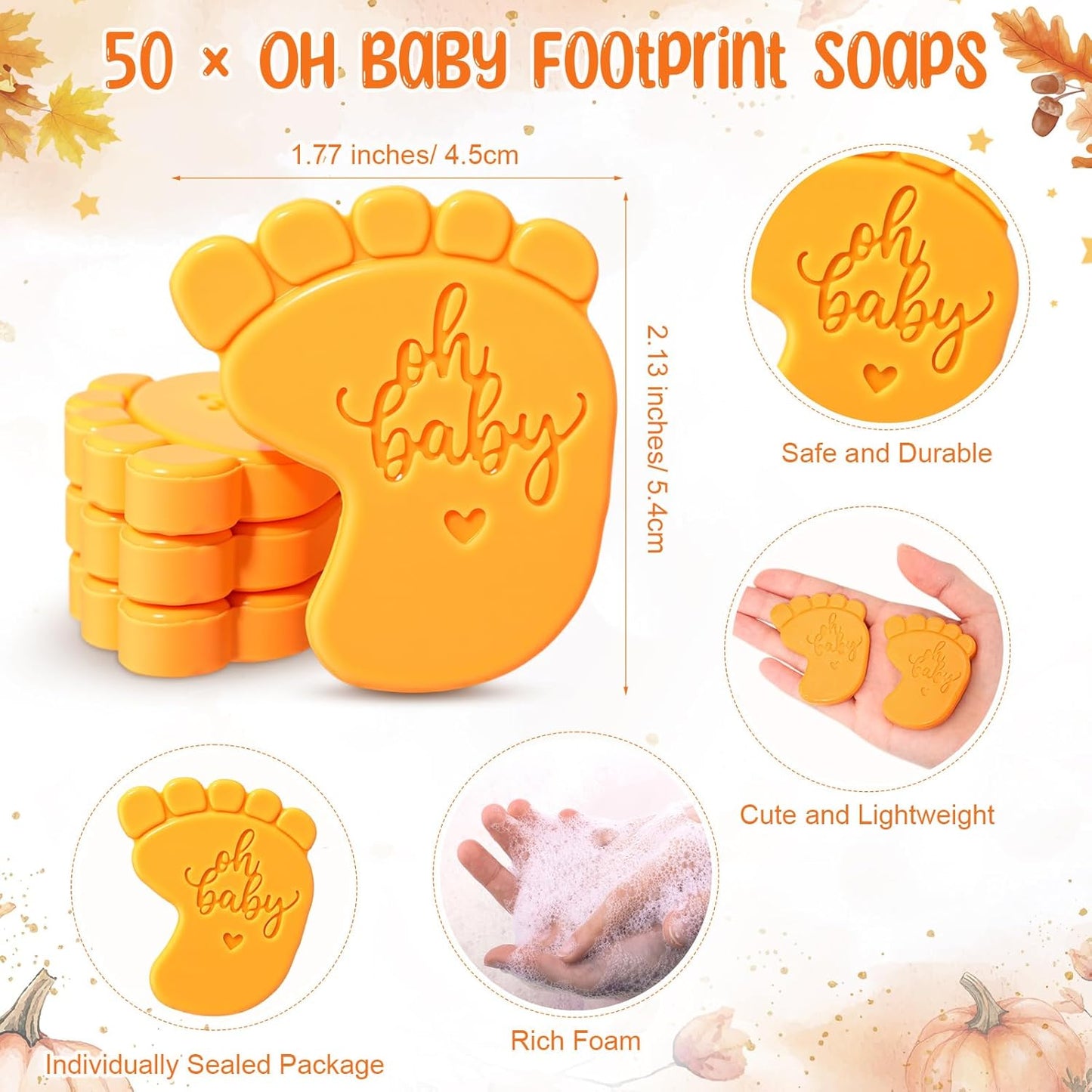 50 Sets Baby Shower Soap Favors for Guests - Mini Handmade Footprint Scented Soap with Thank You Cards and Organza Bag, Party Gifts for Gender Reveal Baptism Shower(Pumpkin Orange)