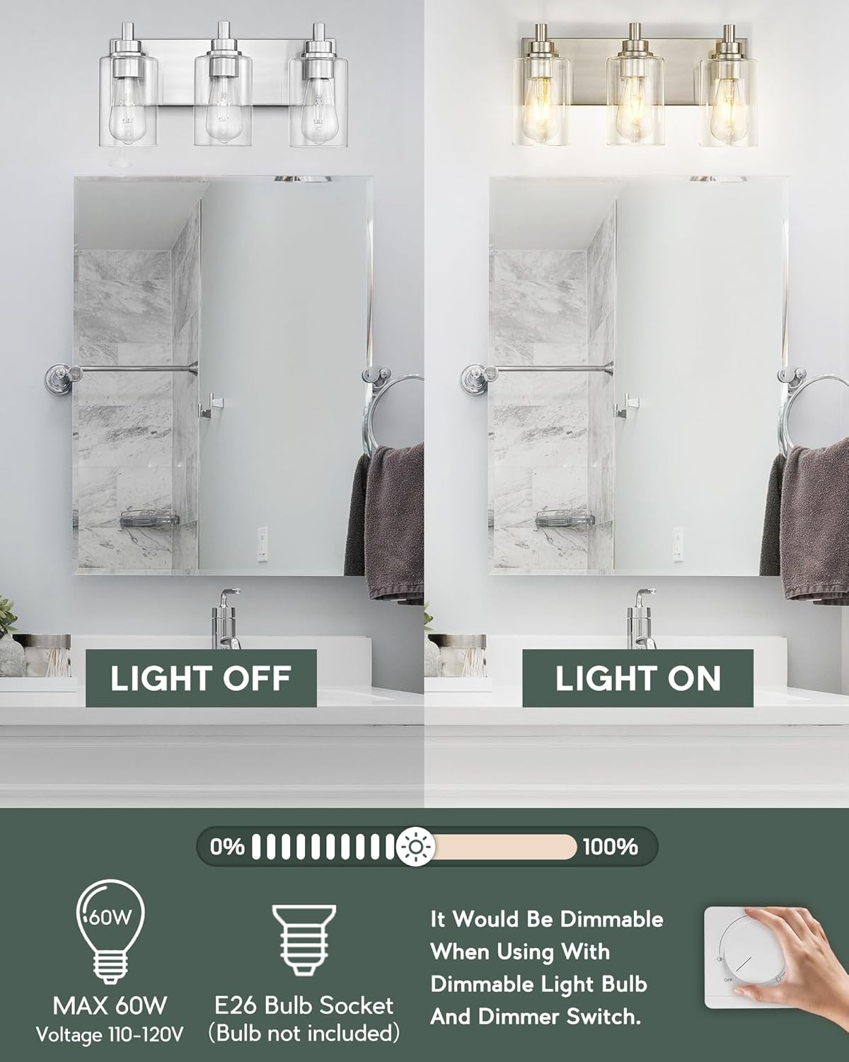 3-Light Bathroom Light Fixtures, Brushed Nickel Vanity Light with Cylinder Clear Glass Shade, Modern Vanity Lighting Fixtures Over Mirror, VL143-BN-3