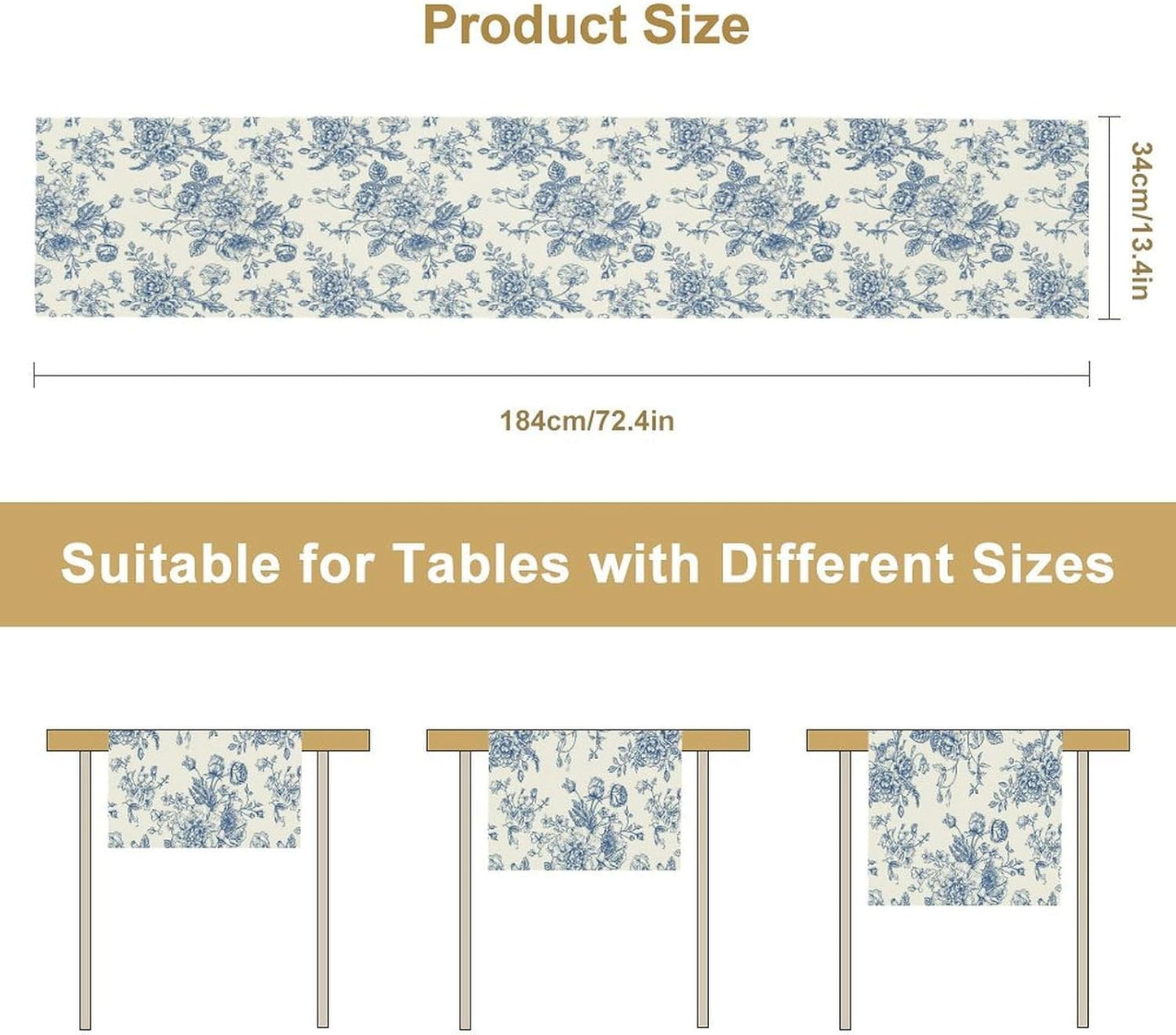 Floral Table Runner, Retro Blue Flower Chinoiserie Sketch Pattern Print Table Runner for Kitchen Dinning Table Runner Decor Home Wedding Party Holiday, 13x120 Inch