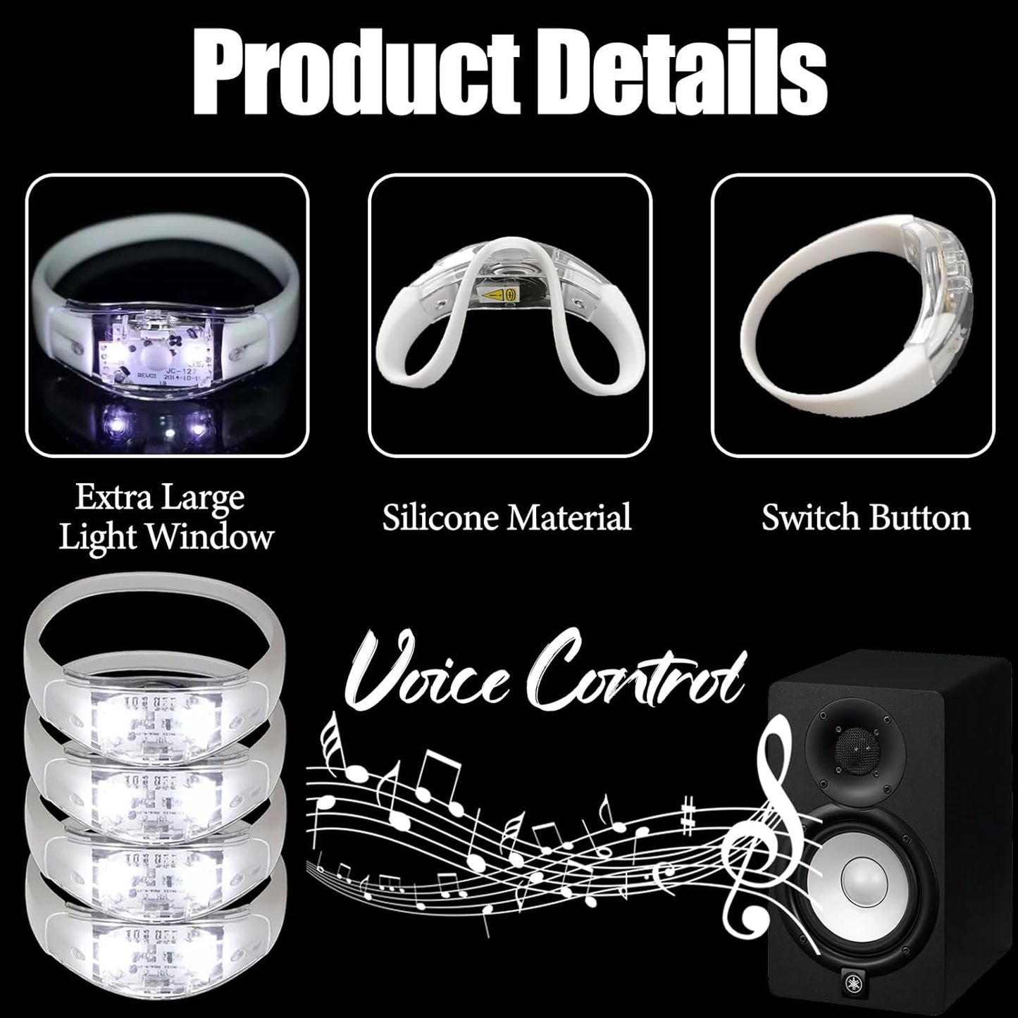 100 Pcs LED Bracelets Sound Activated with Flashing LED Strobe Music Control Light Up Bracelets for Rave, Game Prizes, Birthday Party Favor,Valentine's Day gift