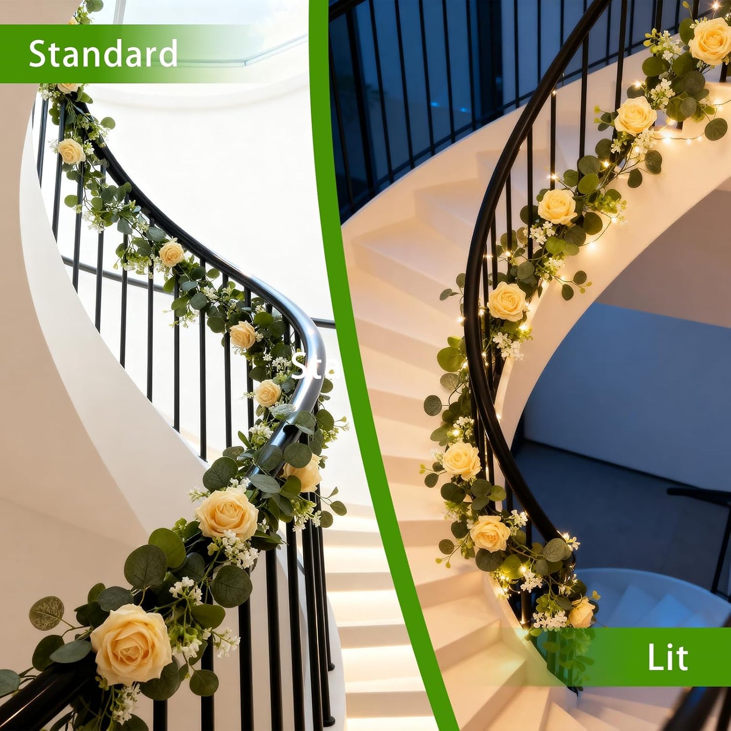 2 Pack 5.9 FT Artificial Flower Garland with Lights, Fake Floral Garland with 12 Roses, White Flower Decorations for Arch Table Centerpieces Backdrop Party Home Wedding Decorations