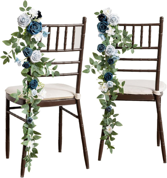 Ling's Moment 10pcs Wedding Chair Decorations Aisle Floral Swag Artificial Pew Flowers Hanging Garland Dusty Blue & Navy for Ceremony Reception Church Rose Floral Faux Arrangement Party Outdoor Decor