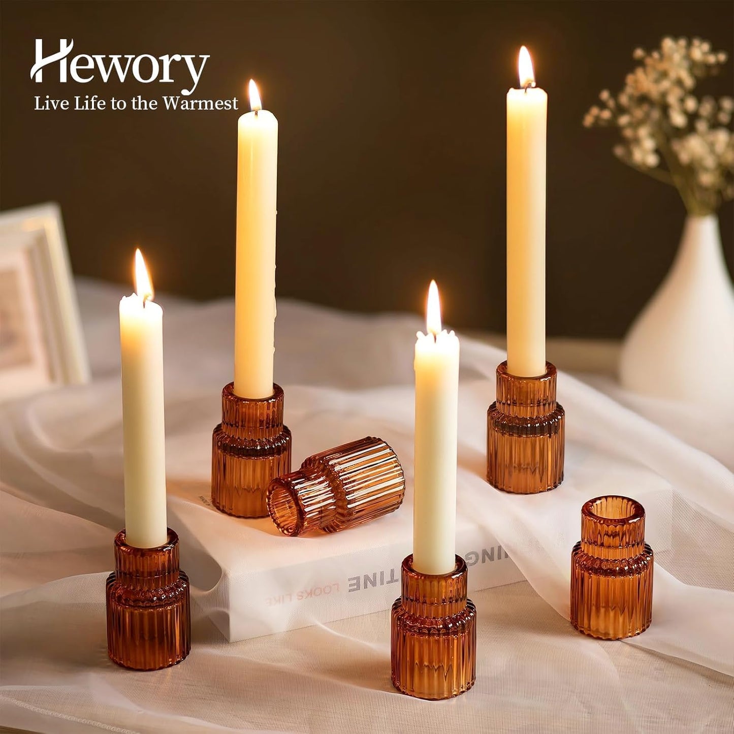 Hewory Glass Taper Candle Holders: 10 PCS Amber Elegant Candle Holder Candlestick Holders Bulk, Ribbed Glass Candle Holder Candle Sticks Holder Decor for Table Centerpiece Fall Thanksgiving Home Decor