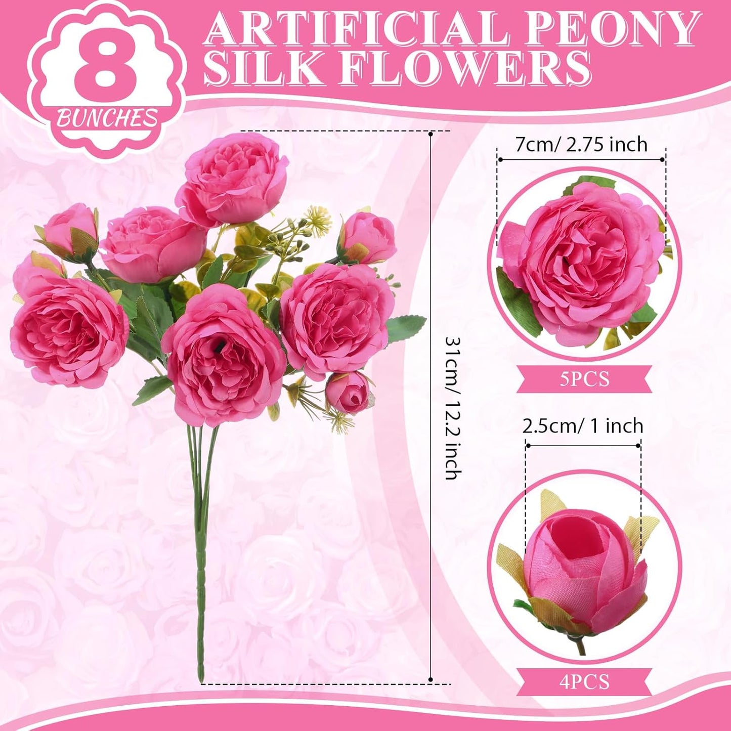 8 Bundles Artificial Peonies Flowers Boho Faux Flowers Arrangements Artificial Centerpiece Spring Bouquet Floral Wedding Decoration for Vase (Hot Pink)