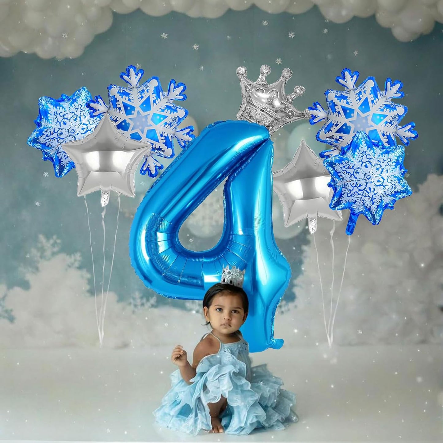 8Pcs Winter Wonderland Decorations - 40inch Blue Number 4 Balloons - Crown Balloons for Winter Wonderland Party Decorations - Birthday Decoration