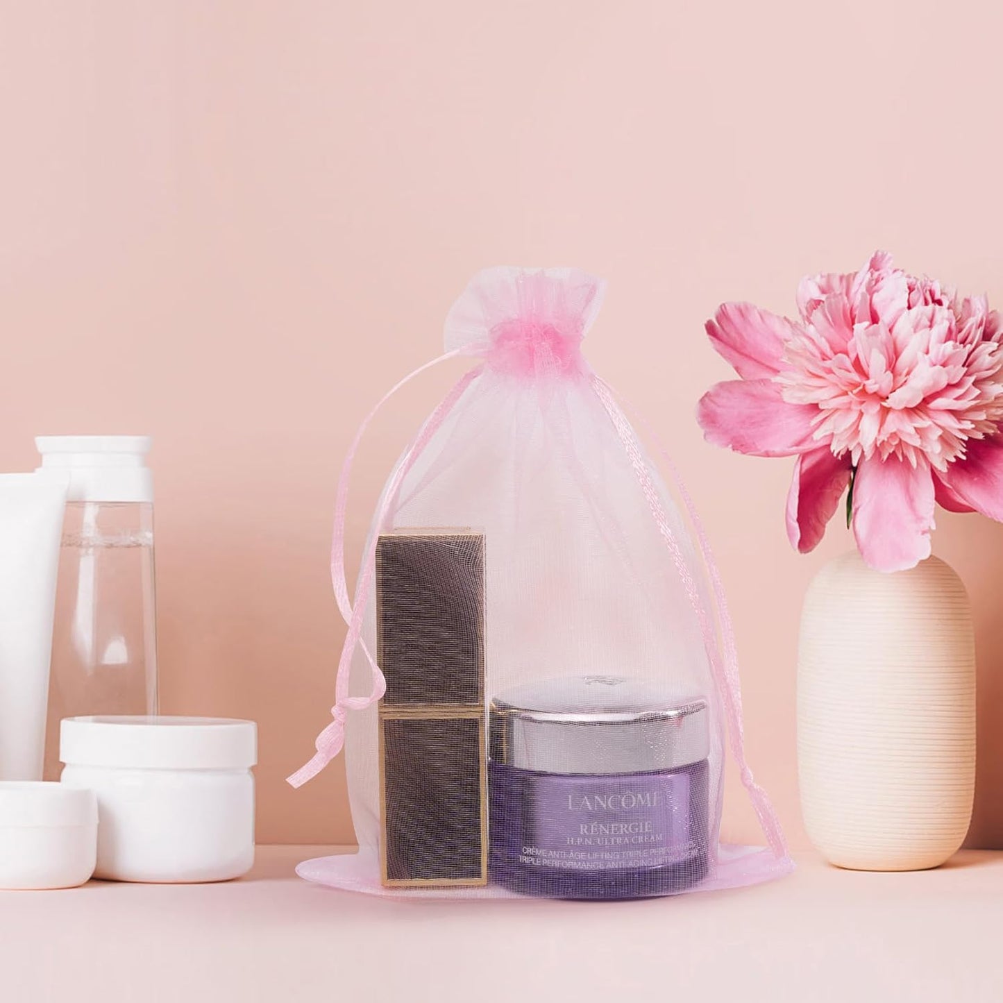 50 Pcs Pink Organza Bags 4x6 Inch, Jewelry Pouch Bags Small Mesh Bag Drawstring Gift Goody Bag for Party Favor Wedding