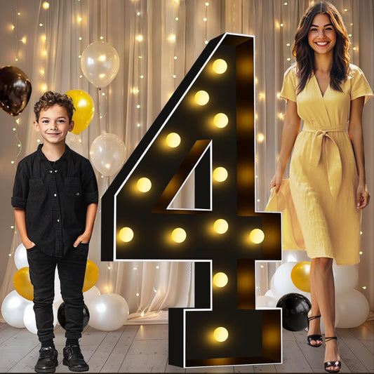 Pooqla 4 FT Light Up Marquee Numbers, Black Marquee Number Lights 4 Feet Tall for 4th 14th 40th Birthday, Giant Letter Big Mosaic Numbers for Balloons Party Anniversary Wedding Decorations, Number 4