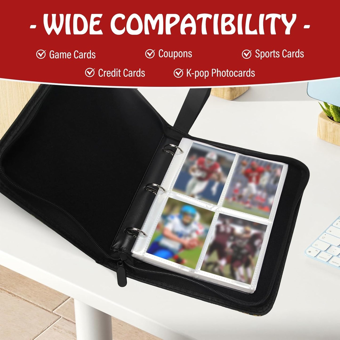 Football Card Binder,Trading Card Binder 4 Pocket,400 Pockets Card Holder with 50 Removable Sleeves,Trading Card Albums for Game Cards,Premium Card Book, Game Cards & Sports Cards Red