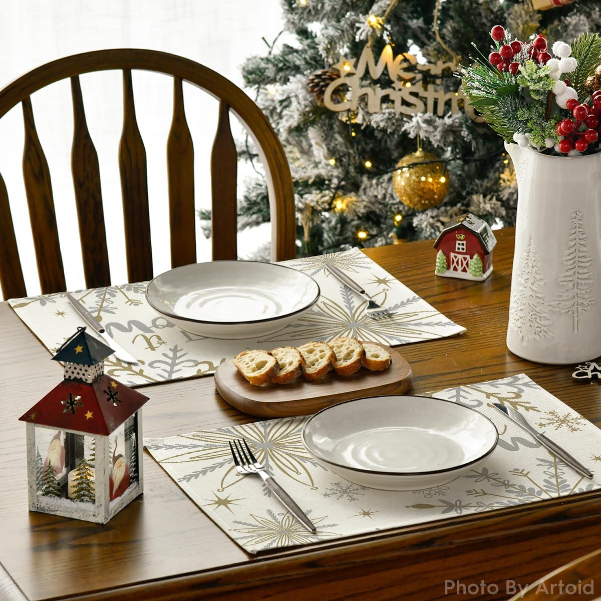 Artoid Mode Beige Snowflake Let It Snow Winter Placemats Set of 12, 12x18 Inch Seasonal Christmas Table Mats for Party Kitchen Dining Decoration