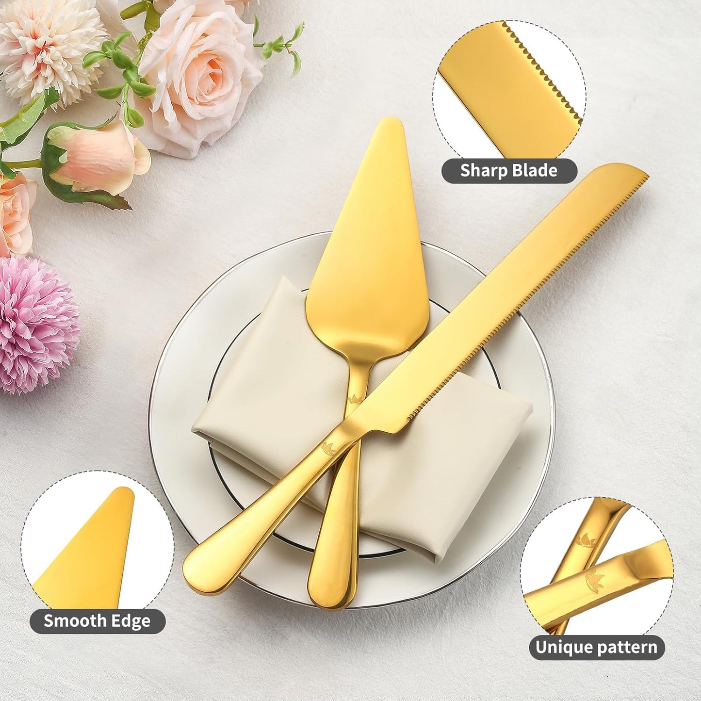 Cake Cutting Set for Wedding - Extended Cake Knife And Server Set Thickened Stainless Steel Cake Cutter and Pie Spatula Great for Birthday Anniversary Christmas Gift Gold 2 Pcs