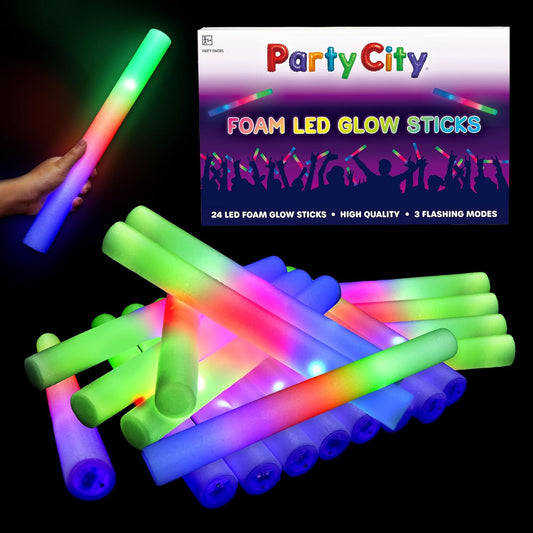 Party City 24pk LED Foam Glow Sticks 14”- Glow in the Dark Party Supplies Favors, Colorful Flashing Wand with 3 Modes, Light Up Foam Sticks Bulk Party Pack for Wedding, Birthday, Concert, Halloween
