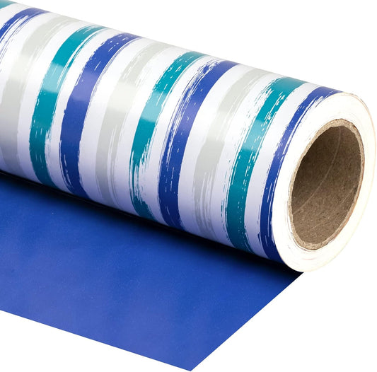 WRAPAHOLIC 30 Inch Reversible Wrapping Paper Roll - 30 Inch X 100 Feet Jumbo Roll Blue Navy and Grey Lines Print for Birthday, Holiday, Wedding, Baby Shower and More Occasions