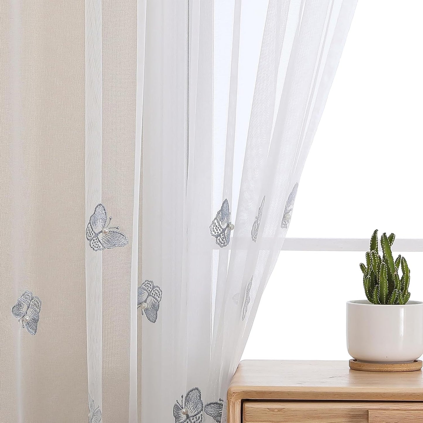 VISIONTEX White Sheer Voile Curtains, Decorative Blue Embossed Butterflies Rod Pocket Window Drapes for Home Kitchen, Living Room and Bedroom 54 x 95 Inch, Set of 2 Curtain Panels