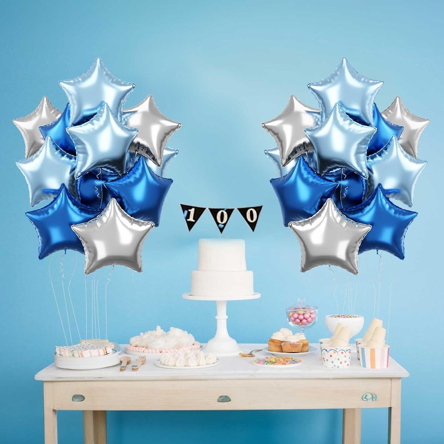 Blue Star Foil Balloons, 18 Inch Royal Blue Silver Stars Shape Mylar Helium Balloons 12 Pcs Large Light Blue Silver Pentagram Balloons Party Decoration for Birthday Graduation Baby Shower