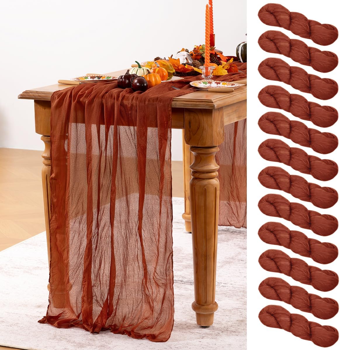 Terracotta Cheesecloth Table Runner 12 Pack Fall Burnt Orange Cheese Cloth Table Runners 120 Inches Rust Thanksgiving Fall Table Decorations for Friendsgiving Wedding Bridal Baby Shower Party