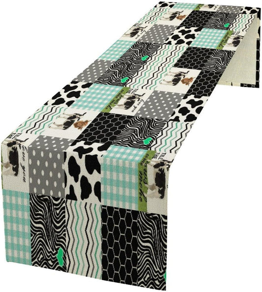 Cute Cow Print Table Runner,Farm Animals Honeycomb Plaid Stripes Cowhide Pattern Tablecloth Burlap for Hotel Indoors Outdoor Dining Room Kitchen Table Decor, 13x108in